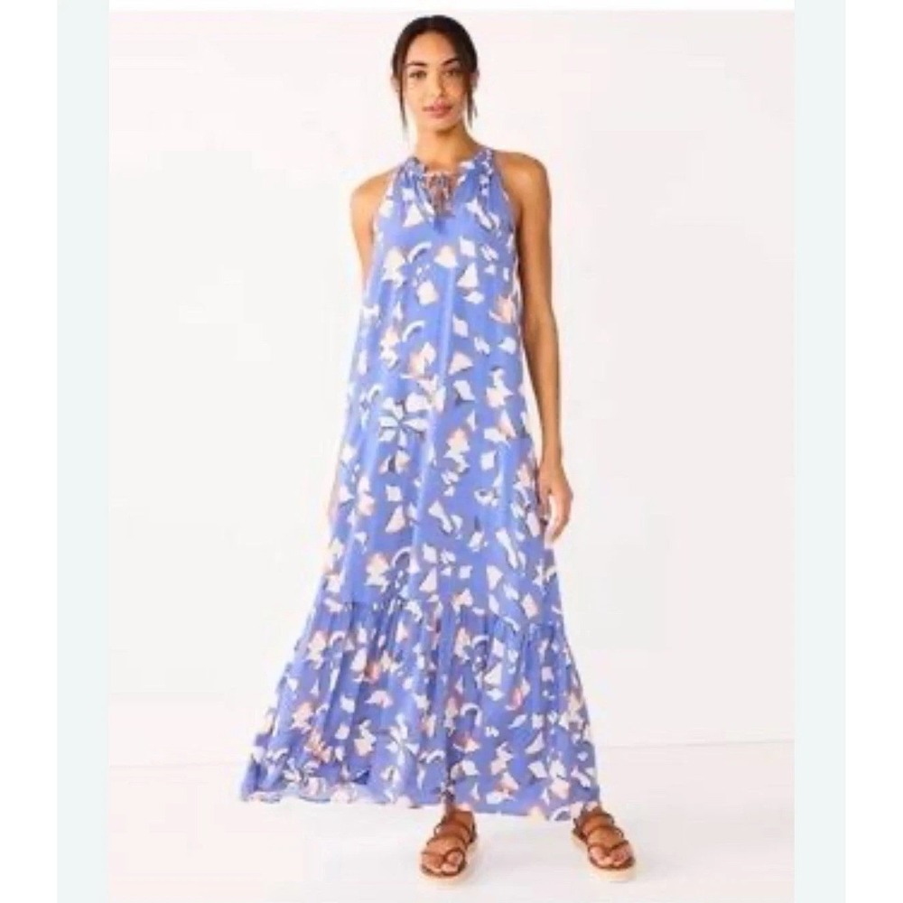 Nine West Maxi Dress Womens Large Blue Abstract Floral Halter Tiered Ruffle Hem